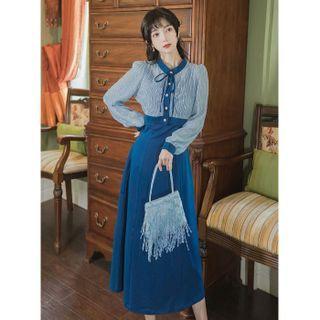 Set: Puff-sleeve Glitter Blouse + Sleeveless Midi A-line Dress