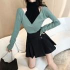 Cold-shoulder Mock Two-piece Long-sleeve Top