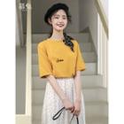 Short-sleeve Lettering Tie-neck T-shirt