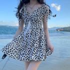 Short-sleeve Lace Top / Sleeveless Heart Print Mini A-line Dress