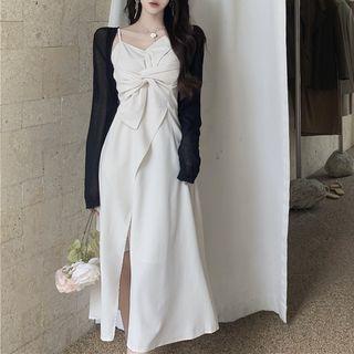 Spaghetti-strap Slit Midi A-line Dress / Short-sleeve Cardigan