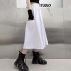 Elastic-waist Side Pocket Plain Midi A-line Skirt