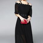 Elbow-sleeve Cutout A-line Midi Dress