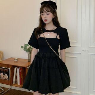 Set: Spaghetti Strap Ruffle Trim Plain Mini A-line Dress + Short-sleeve Shrug