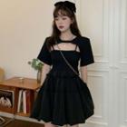 Set: Spaghetti Strap Ruffle Trim Plain Mini A-line Dress + Short-sleeve Shrug