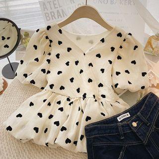 Short-sleeve V-neck Print Chiffon Blouse Almond - One Size