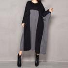 Stripe Panel Batwing-sleeve Midi A-line Dress