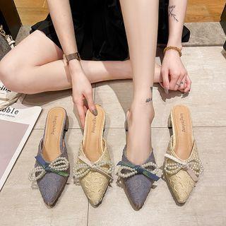Chunky Heel Faux Pearl Bow Mules