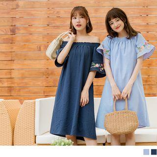 Embroidered Bell Sleeve A-line Dress