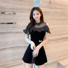 Set: Short-sleeve Cold-shoulder Mini A-line Dress + Shorts