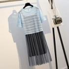 Set: Short-sleeve Top + Spaghetti-strap Mesh Dress