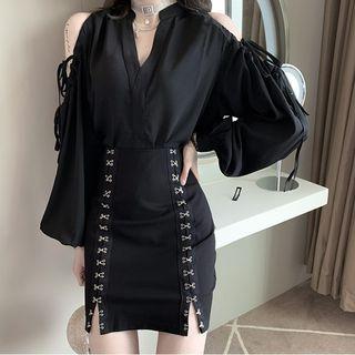 Cutout Long-sleeve Loose-fit Blouse / High-waist Skirt