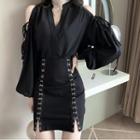 Cutout Long-sleeve Loose-fit Blouse / High-waist Skirt