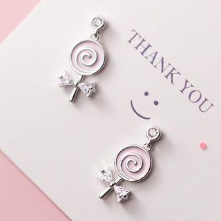 925 Sterling Silver Rhinestone Lollipop Earring 1 Pair - Silver - One Size