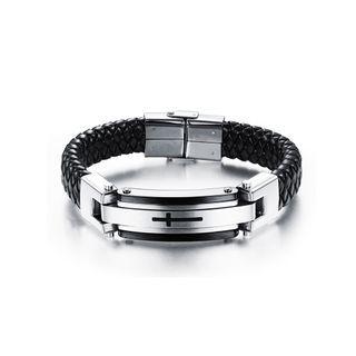 Fashion And Elegant Cross 316l Stainless Steel Leather Bracelet Silver - One Size