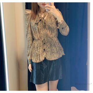 Long-sleeve Leopard Print Tie-neck Shirt