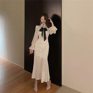 Tie-neck Lace Blouse / Ruffle Hem Maxi Pinafore Dress