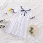 Short-sleeve Striped Trim Wide Collar A-line Dress White - One Size