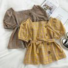 Color-block Square-neck Lace-up Blouse