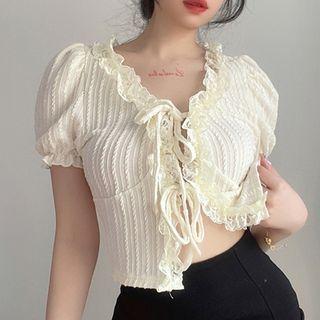Puff-sleeve Ruffle Trim Tie-strap Crop Top