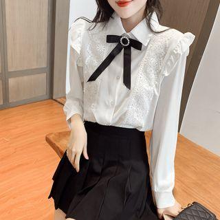 Long-sleeve Lace Panel Bow Blouse