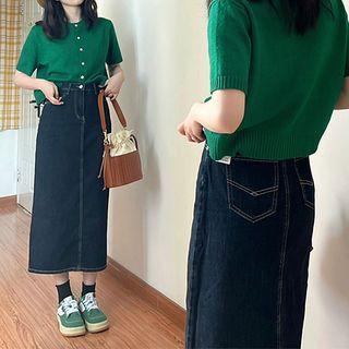 Short-sleeve Button-up Top / Denim Midi Skirt / Set