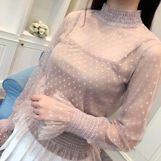 Set: Polka Dot Mesh Long-sleeve Top + Camisole