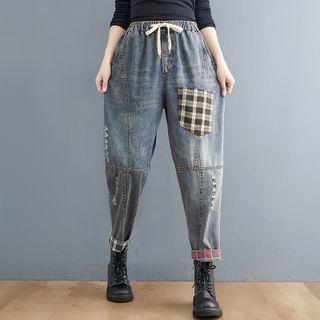 Plaid Panel Distressed Cropped Harem Jeans