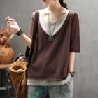 Elbow-sleeve Two-tone Panel T-shirt