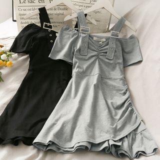 Off-shoulder Buckled-strap Ruched Mini Dress