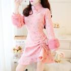 Long-sleeve Faux-fur Trim Print Ruffled Dress