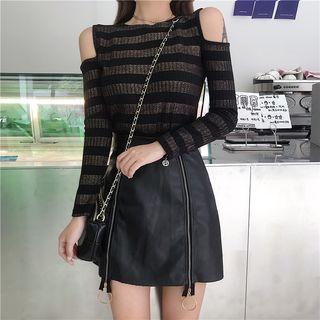 Set: Long-sleeve Striped Top + A-line Mini Skirt