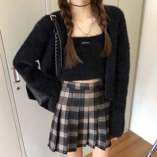 Spaghetti Strap Knit Top / Cardigan / Pleated Plaid Mini A-line Skirt