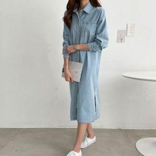Pocket-front Denim Long Shirtdress