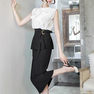Set: Sleeveless Ruffle Trim Top + Slit Midi Pencil Skirt