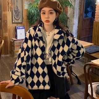 Turtleneck Faux Shearling Plaid Zip Oversize Jacket