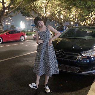 Wide Strap Gingham Midi A-line Dress Gingham - Black - One Size