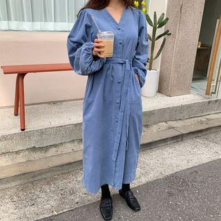 Long-sleeve V-neck Plain Midi Dress Blue - One Size