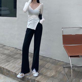 V-neck Side-slit Knit Top / High-waist Slit Pants