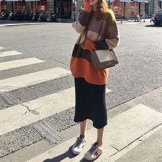 Set: Color Block Sweater + Midi Skirt As Shown In Figure - One Size
