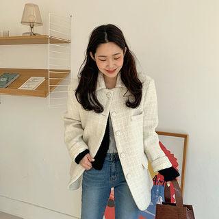 Collared Woolen Tweed Jacket Cream - One Size