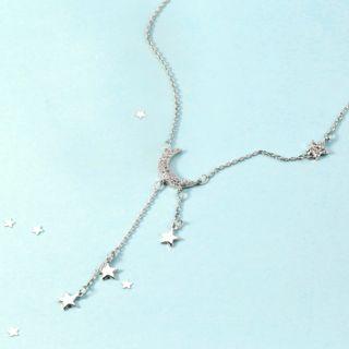 925 Sterling Silver Rhinestone Moon & Star Y Necklace Necklace - Star & Moon Tassel - One Size