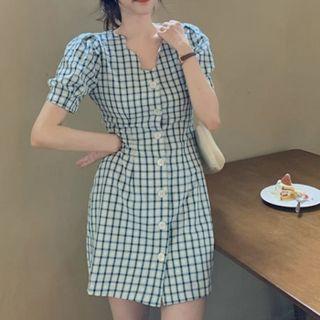 V Neck Gingham Short Sleeve Dress