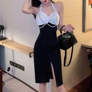 Halter Color Block Midi A-line Dress