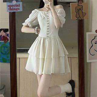 Cold-shoulder Cross Strap Mini A-line Dress