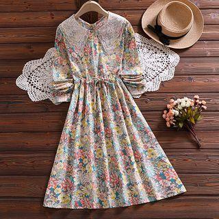 Collared Floral Print Long-sleeve Midi A-line Dress