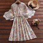 Collared Floral Print Long-sleeve Midi A-line Dress