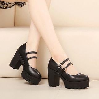 Genuine Leather Buckled Platform Block Heels