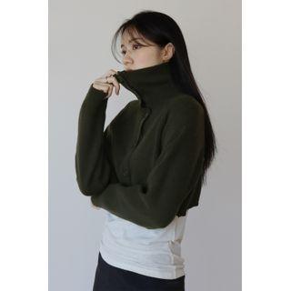 High-neck Cropped Cardigan Khaki - One Size
