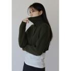 High-neck Cropped Cardigan Khaki - One Size